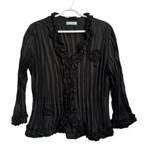 Violin Women's Black Pleated Blouse With Floral Accents Size L Blouse  Top